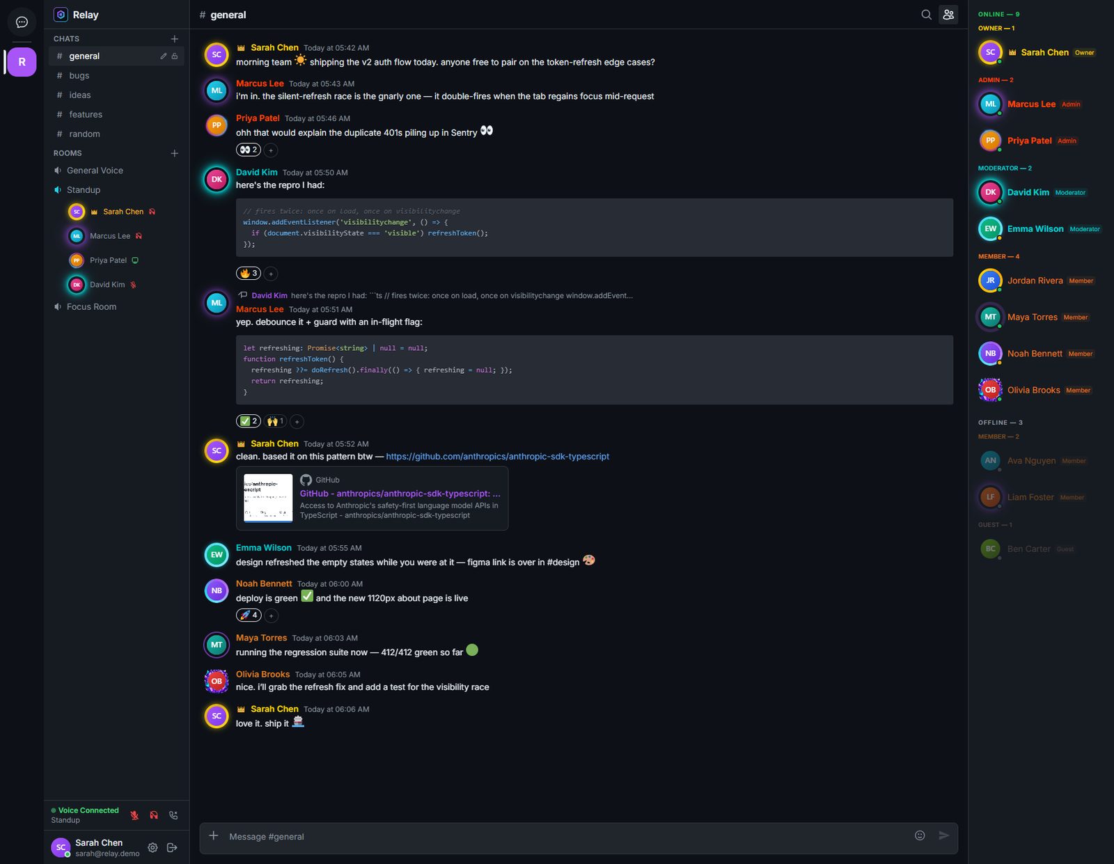 Relay — main chat: channels, conversation, and member list