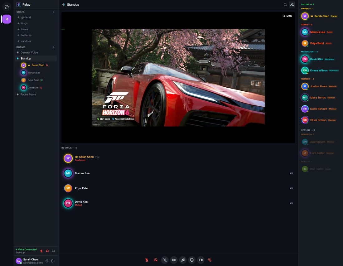 Relay — voice channel with live screen share and participants